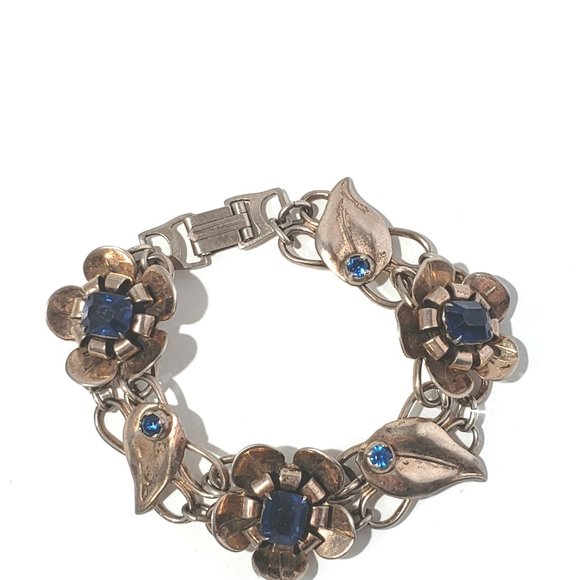 Vintage Sterling Silver Vermeil Flower Link Blue Stone Bracelet #7904 - Picture 2 of 6